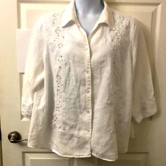 Edward Tops - Edward 100% Linen womens button up blouse with embroidered size 3X